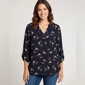Beacon Navy Floral Blouse Popover Top 3/4 Patty Roll Sleeve Stretchy V-neck